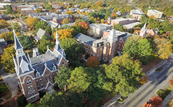 aerial view of Macon campus with the Administration Building in the foreground