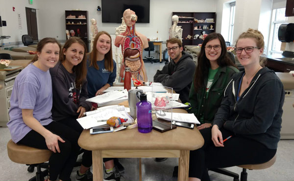 Students in an anatomy lab with a life-sized anatomy model at the end of the table