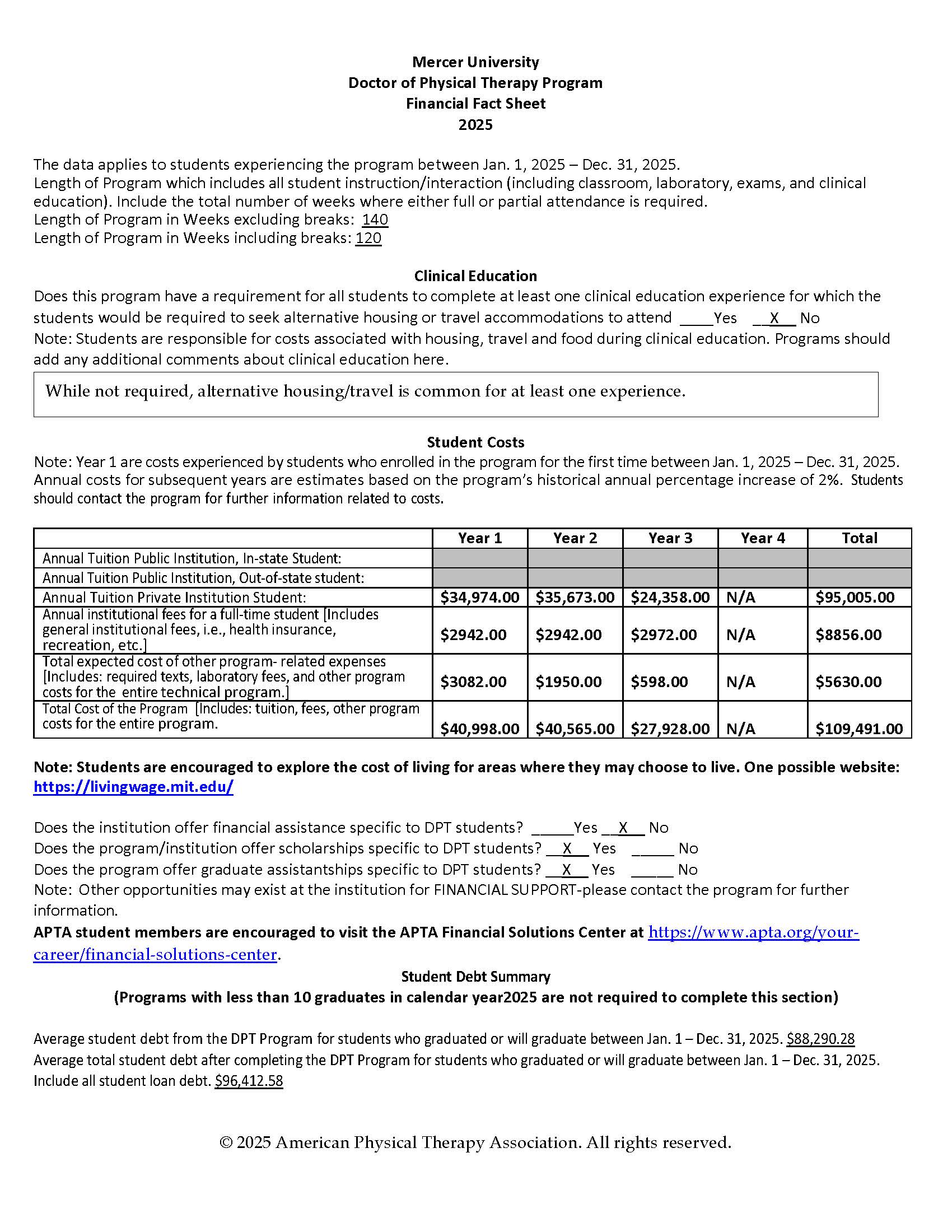 2025 Mercer DPT Student Financial Fact Sheet